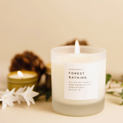 Forest Bathing candle in a white frosted vessel