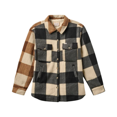 Product image of the Durham Women's Arctic Fleece. Fleece Jacket with alternating panels of black and grey plaid, cream and tan plaid, and red plaid on the back panel.