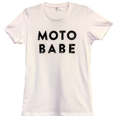 White short sleeve shirt with the text, "Moto Babe" written in capital letters in a worn font.
