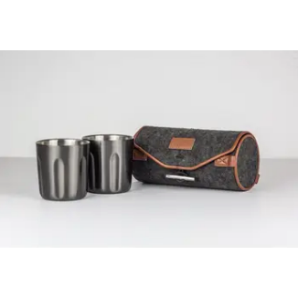 Product image of the Fire-Light Tumbler 2-Pack in Gunmetal. Shows two tumblers and a wool felt carrying case in grey trimmed in a brown leather.
