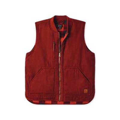 Product image of the Abraham Reversible Vest in the color dark brick with a reversible inner fleece red buffalo plaid liner