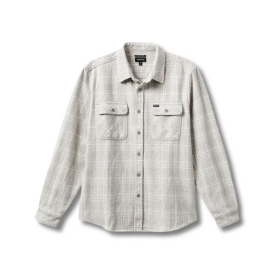 Product image of the Bowery Heavy Weight Long-Sleeve Flannel. White flannel with light grey plaid pattern.