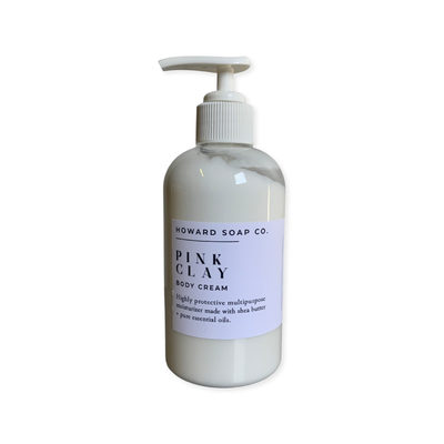 Product image of the Pink Clay lotion. Clear bottle with white pump.