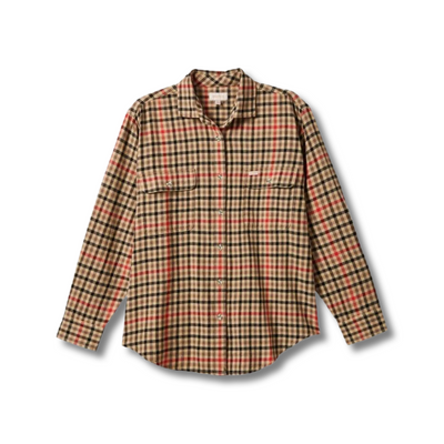 Product image of the Bowery Boyfriend Long-Sleeve Flannel. Cream oversized flannel with red and black plaid pattern.