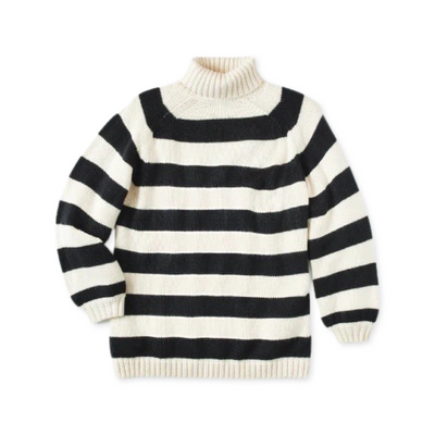 Product image of the Evermore Sweater. Oversized, cream and black striped, turtleneck sweater.