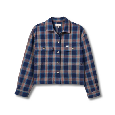 Product image of the Bowery Long-Sleeve Flannel. Navy, plaid flannel in red and tan.