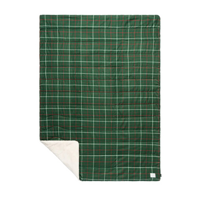 Product image of the Rumpl Printed Flannel Sherpa. Green flannel blanket, white sherpa lining, red plaid pattern