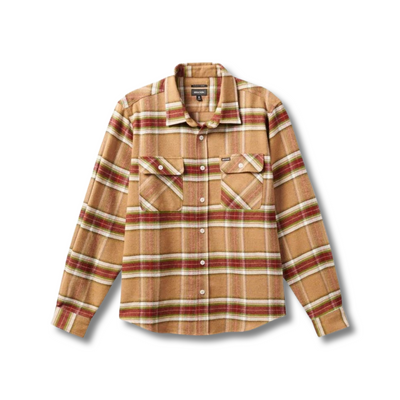 Product image of the Bowery Long-Sleeve Flannel. Dark gold flannel with dark red, cream, and green plaid pattern.